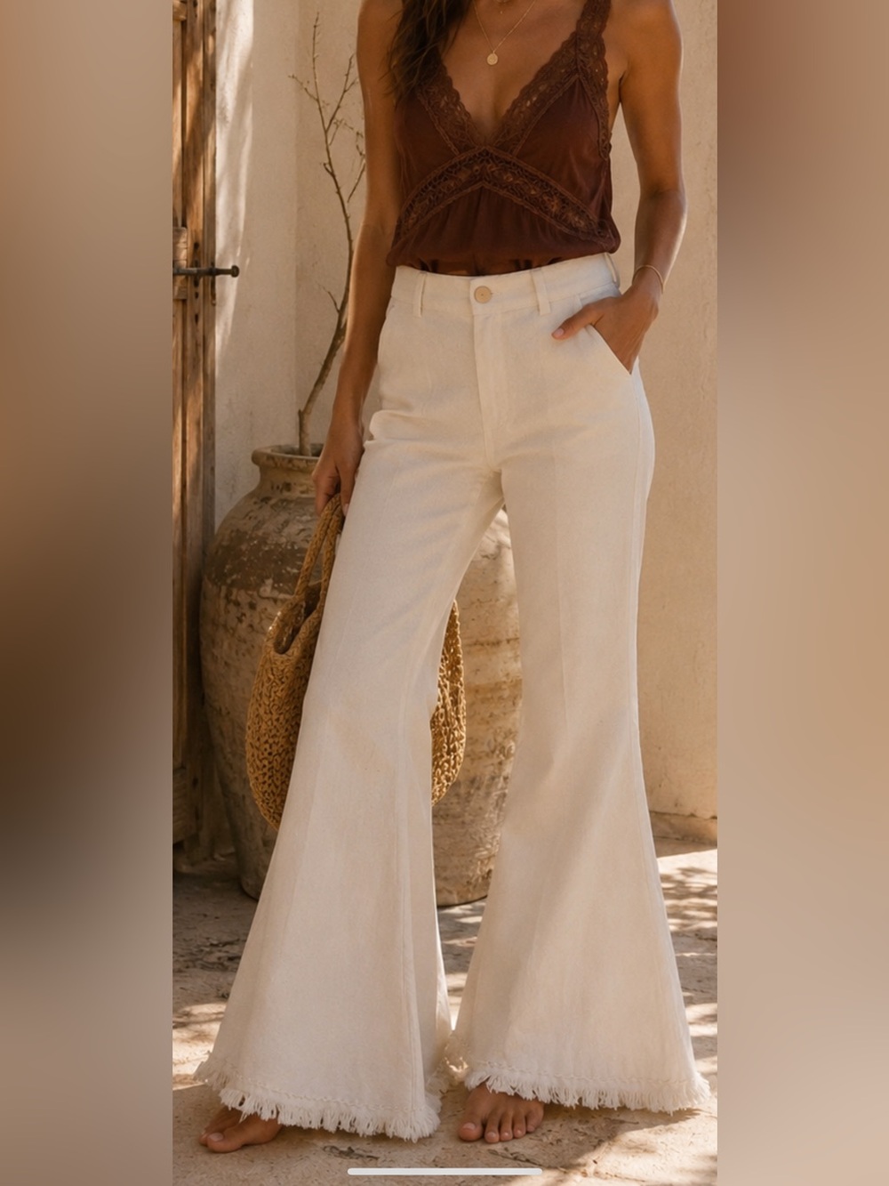 LA TROUPE Tulum Linen Blend Flare Pants Ivory Boho Resort Coastal Quiet Luxury - Picture 3 of 11